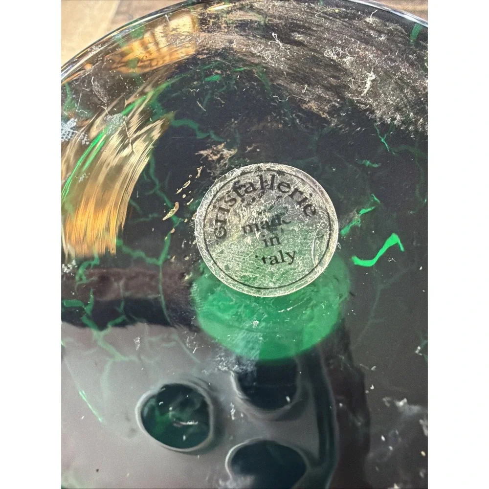 Cristallerie Emerald Green Glass Trumpet Vase Gilded Pedestal Base Vtg Italy 11
